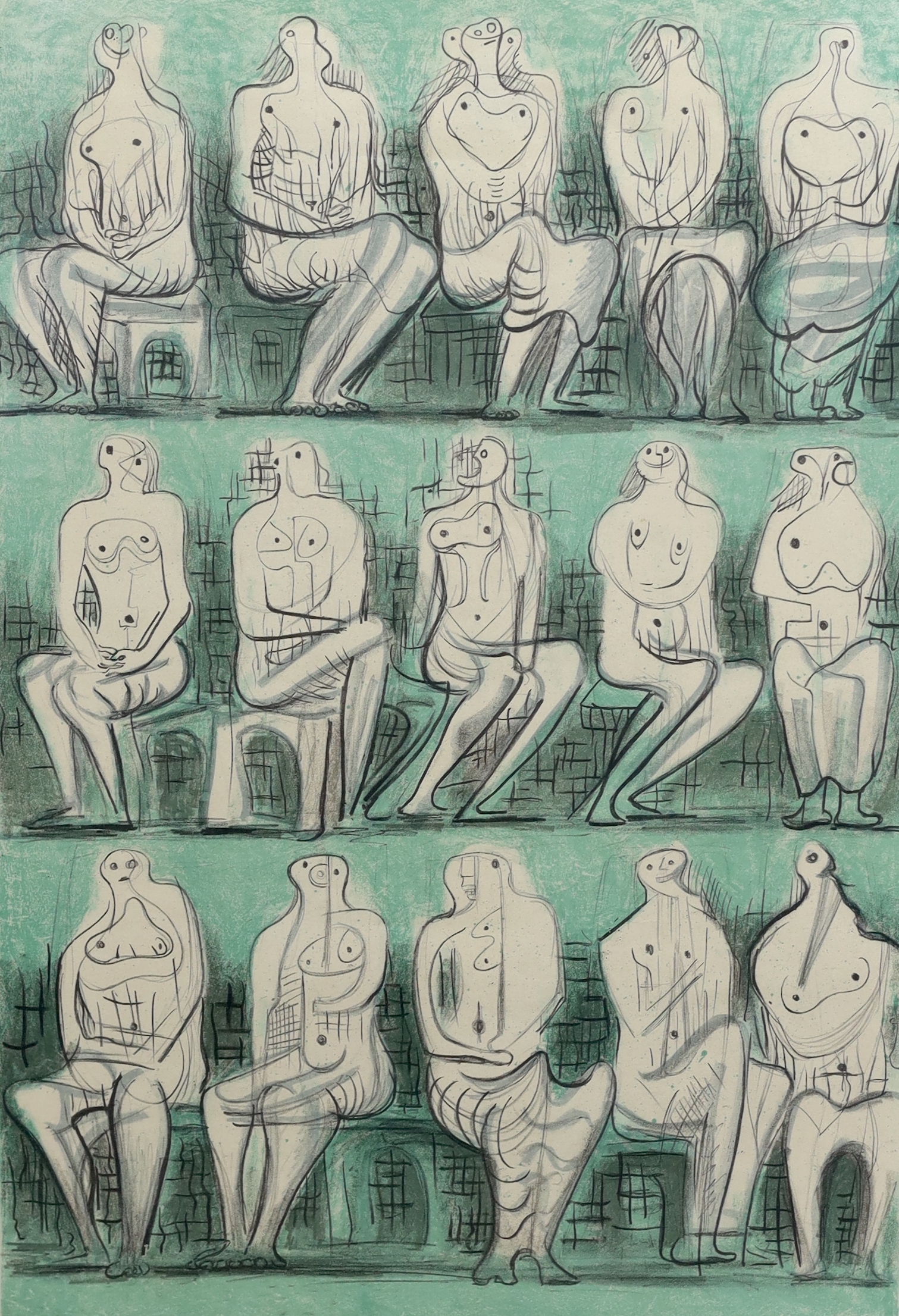 Henry Moore O.M., C.H. (English, 1898-1986), Seated figures, 1957, colour lithograph, 53.5 x 36cm